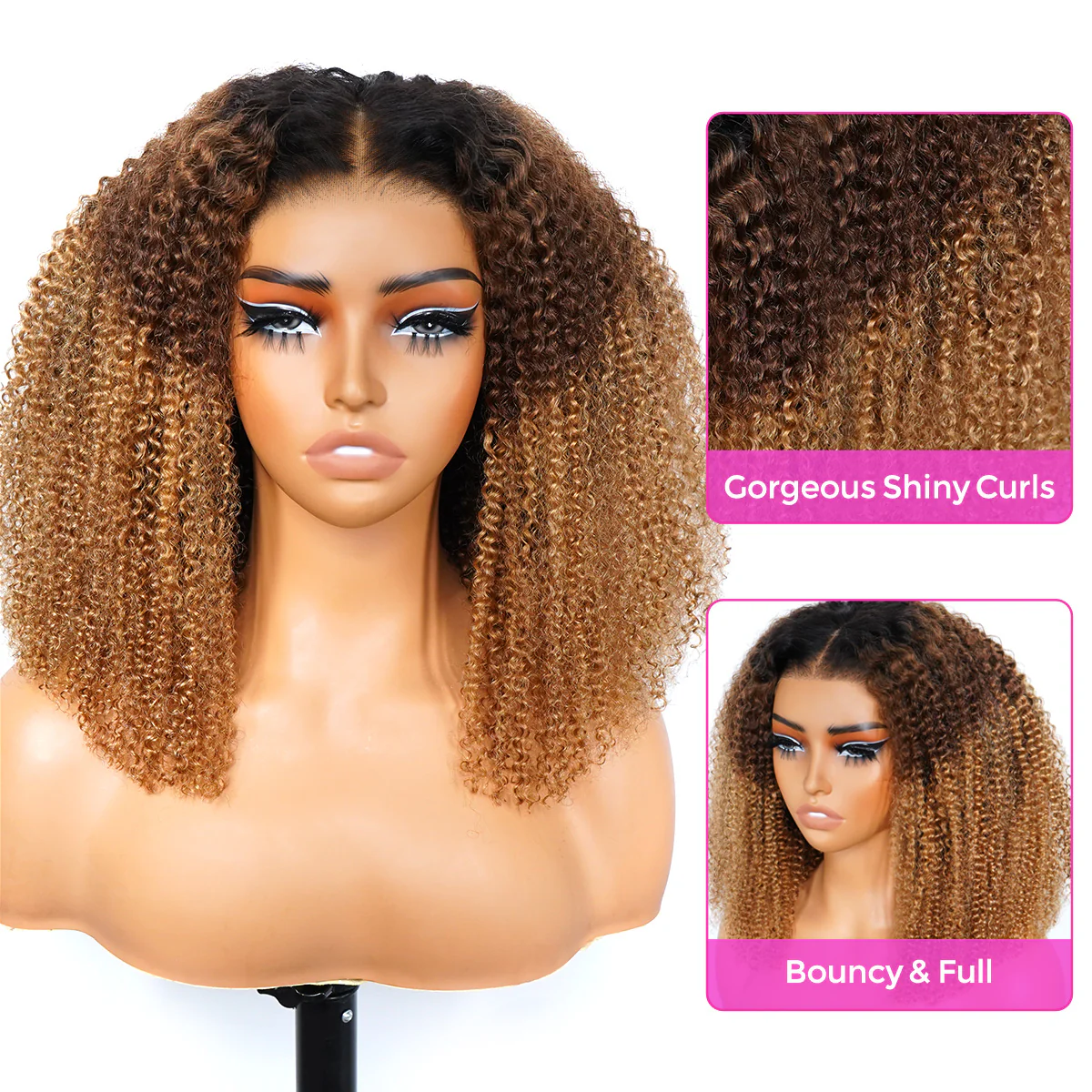 Vshow Ombre Color Kinky Curly Wear Go Wigs 7x5 HD Lace Wigs 1b/4/27 3 Tone Color Wigs - Image 3