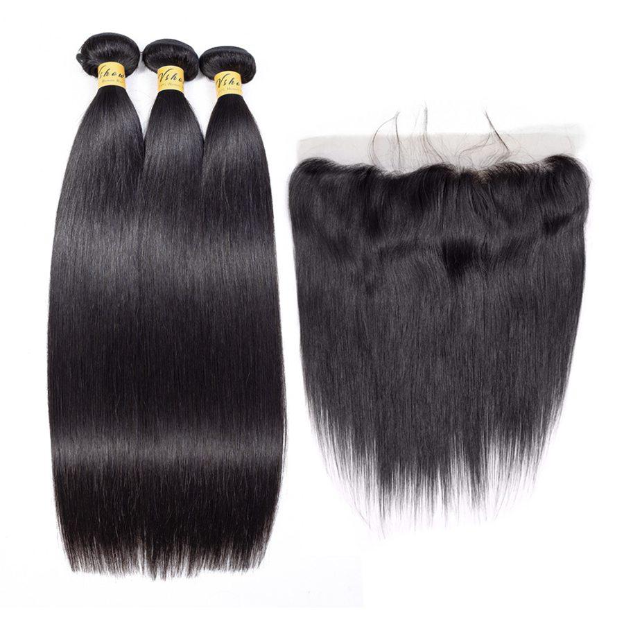 VSHOW HAIR Premium 9A Peruvian Human Virgin Hair Straight 3 Bundles with Pre Plucked 13x4 Frontal Natural Black - Image 5