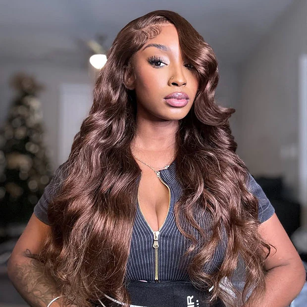 Vshow Chocolate Brown Layered Cut Glueless Wigs Face Framing Body Wave Human Hair Wig - Image 10