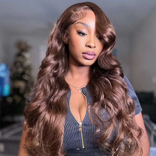 Vshow Chocolate Brown Layered Cut Glueless Wigs Face Framing Body Wave Human Hair Wig - Image 9