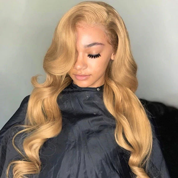 VSHOW Honey Blonde #27 Color Body Wave Human Hair Wigs Transparent lace Frontal Wigs - Image 3