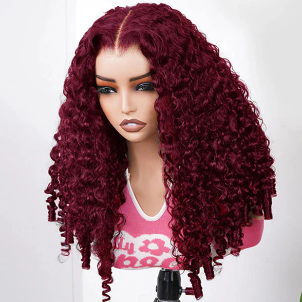 Vshow 99J Burgundy Burmese Curly Hair Wear Go Glueless Human Hair Wigs 10x6 Pre Cut Lace Front Wig - Image 3