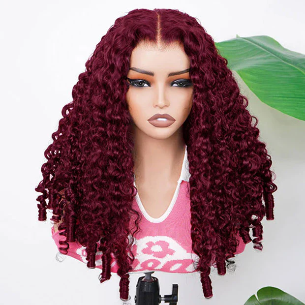 Vshow 99J Burgundy Burmese Curly Hair Wear Go Glueless Human Hair Wigs 10x6 Pre Cut Lace Front Wig - Image 4