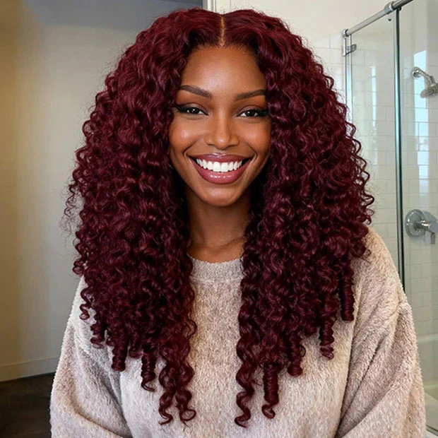 Vshow 99J Burgundy Burmese Curly Hair Wear Go Glueless Human Hair Wigs 10x6 Pre Cut Lace Front Wig - Image 5