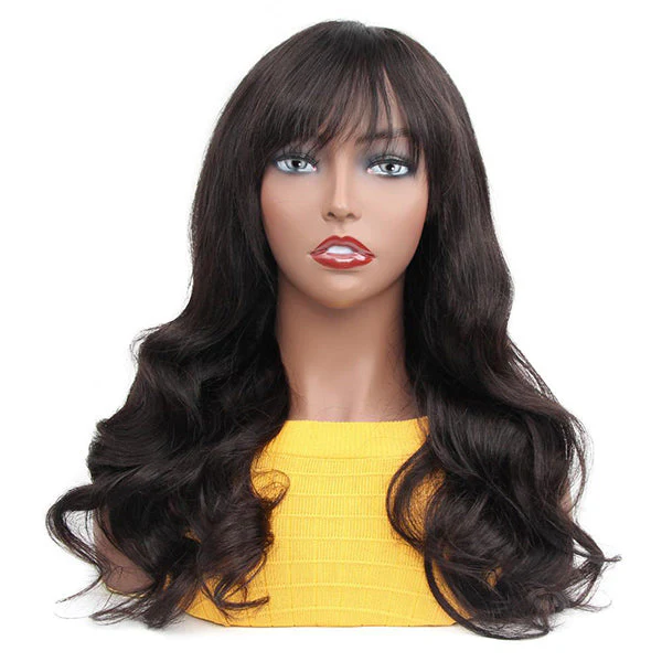 VSHOW Long Curly Body Wave Human Hair None Lace Wigs with Bangs - Image 3