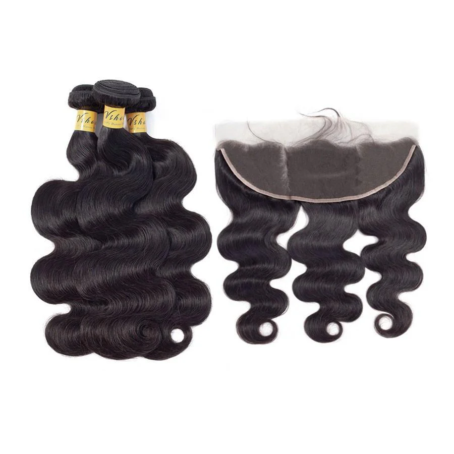 VSHOW HAIR Premium 9A Malaysian Human Virgin Hair Body Wave 3 Bundles with Pre Plucked 13x4 Frontal Natural Black - Image 5