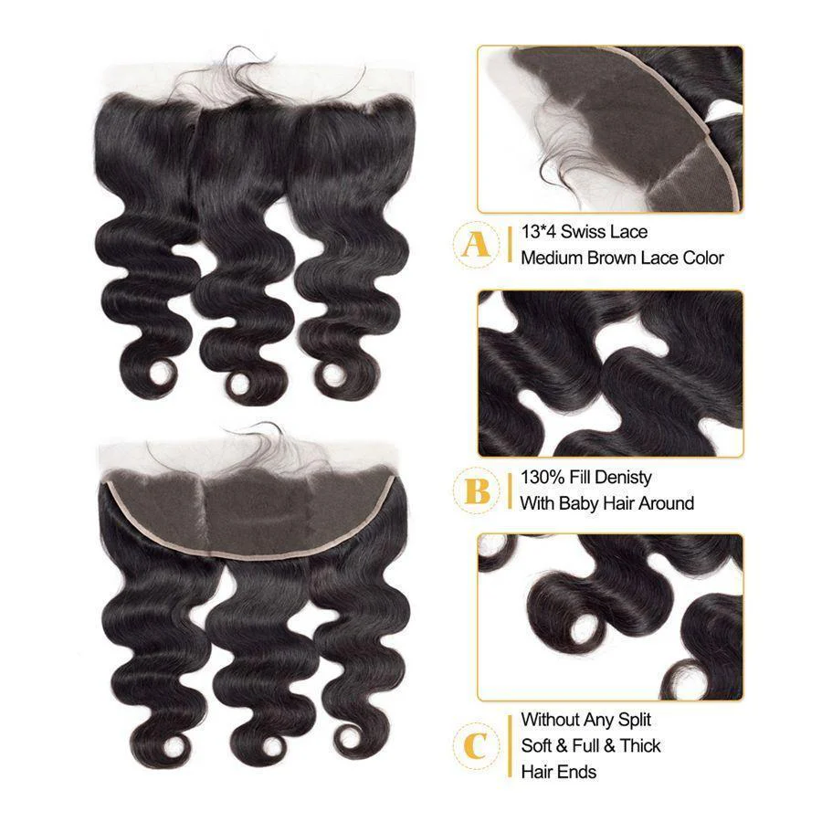 VSHOW HAIR Premium 9A Malaysian Human Virgin Hair Body Wave 3 Bundles with Pre Plucked 13x4 Frontal Natural Black - Image 8