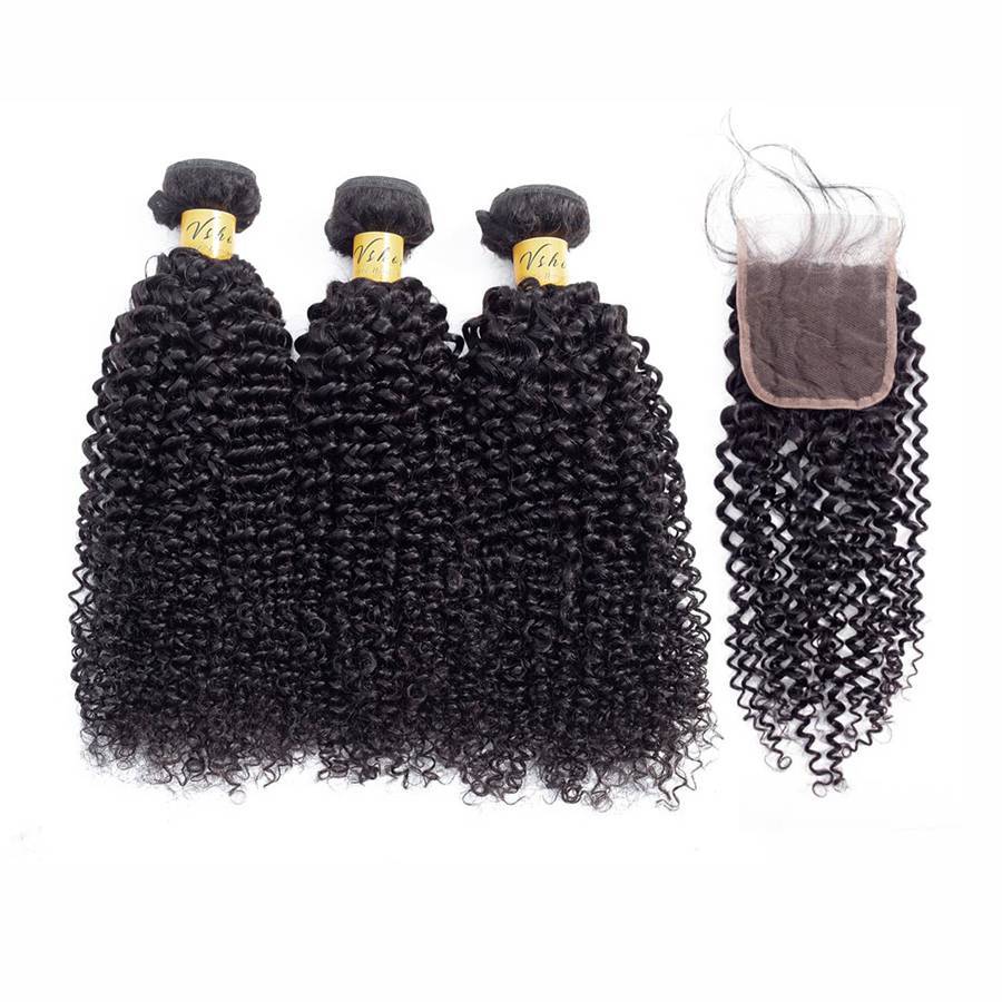 VSHOW HAIR Premium 9A Malaysian Human Virgin Hair Kinky Curly 3 Bundles with Pre Plucked Closure Deal Natural Black - Image 2