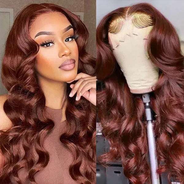 VSHOW #33 Reddish Brown Color Wig Body Wave Hair Transparent lace Human Hair Wigs - Image 3