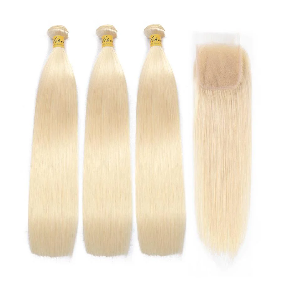 VSHOW HAIR Human Virgin Hair #613 Blonde Straight 3 or 4 Bundles with Closure - Image 5