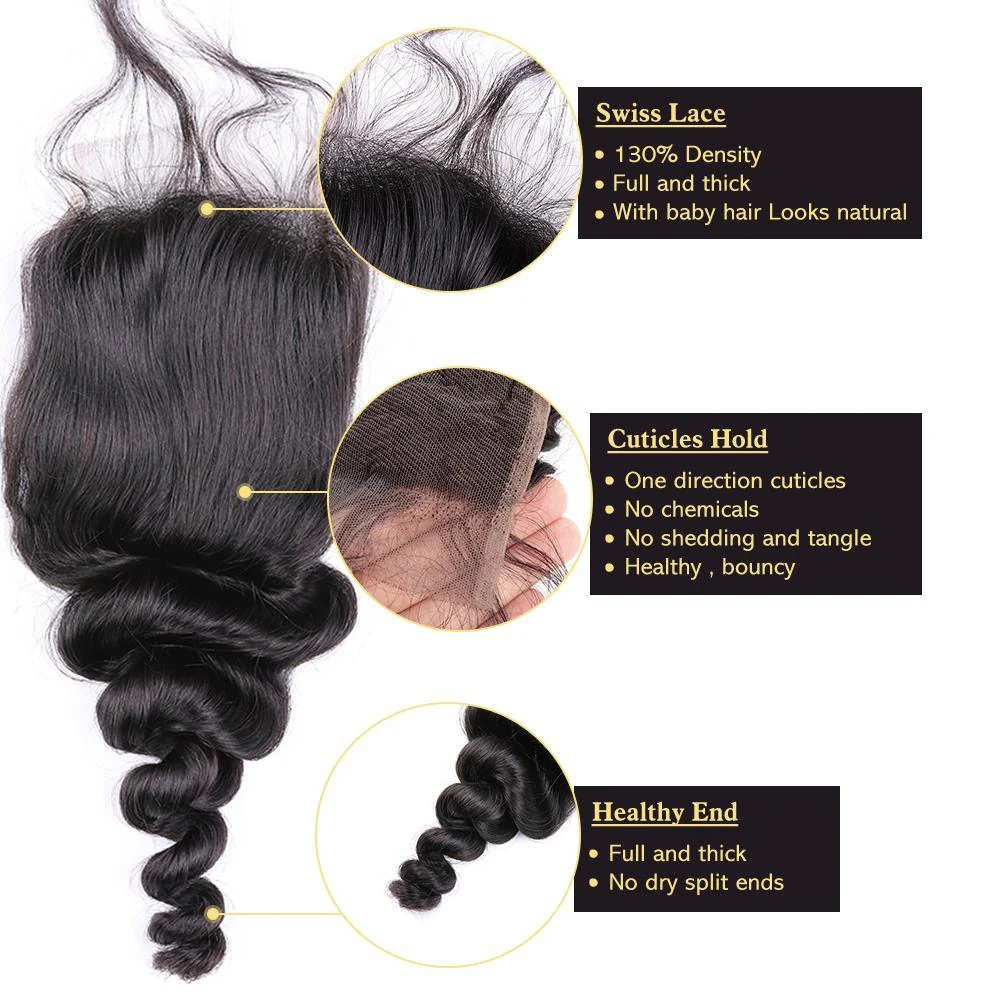 VSHOW HAIR 100% Virgin Human Hair Loose Wave 4x4 Lace Closure Natural Black - Image 5