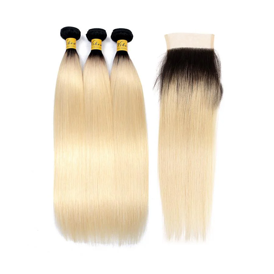 VSHOW HAIR Human Virgin Hair 1b#613 Blonde Straight 3 or 4 Bundles with Closure - Image 3