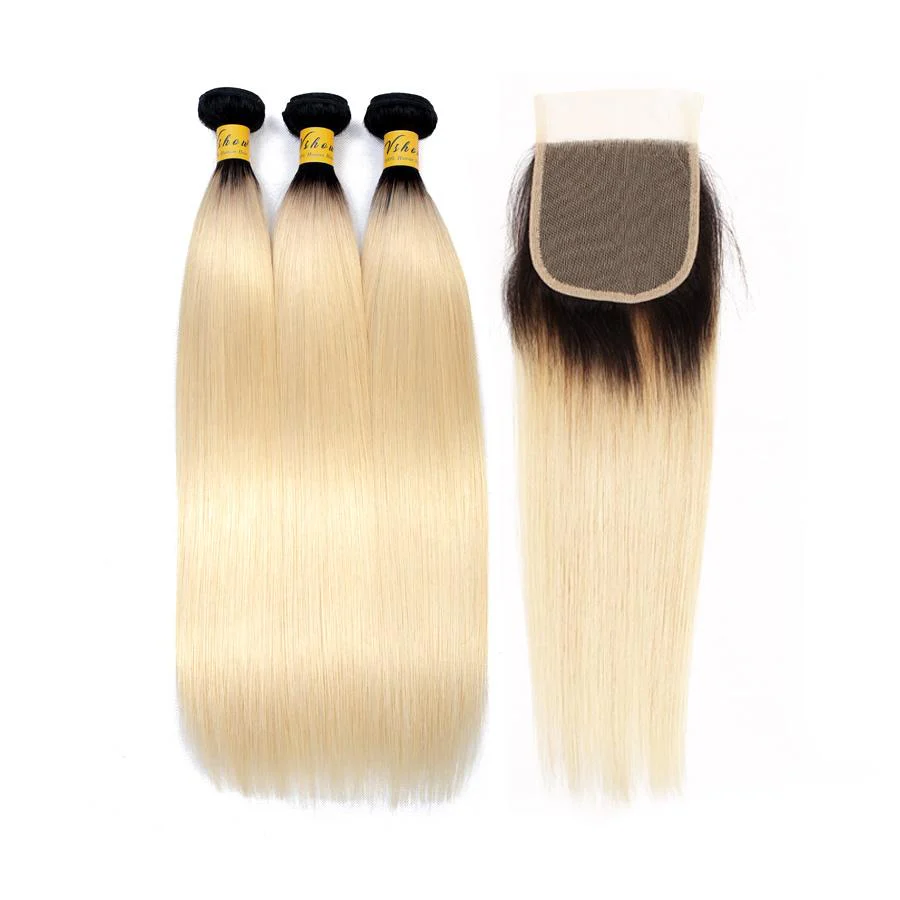 VSHOW HAIR Human Virgin Hair 1b#613 Blonde Straight 3 or 4 Bundles with Closure - Image 4