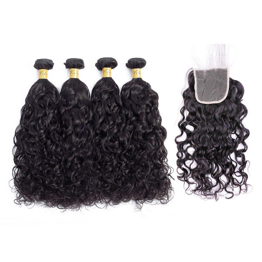 VSHOW HAIR Premium 9A Indian Human Virgin Hair Natural Wave 4 Bundles with Pre Plucked Closure Deal Natural Black - Image 2