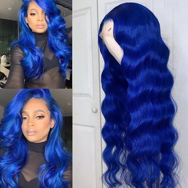 VSHOW Blue Hair Color Lace Front Wigs Body Wave Perm Human Hair Wigs Cosplay Wigs - Image 3