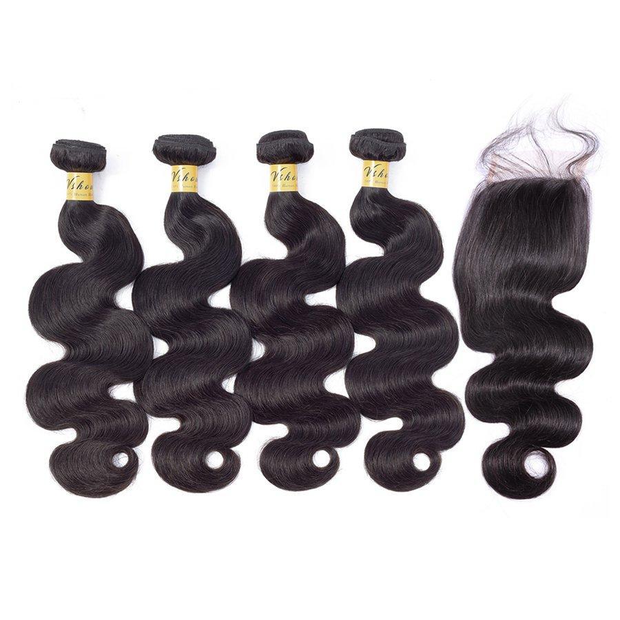 VSHOW HAIR Premium 9A Peruvian Human Virgin Hair Body Wave 4 Bundles with Pre Plucked Closure Deal Natural Black - Image 2