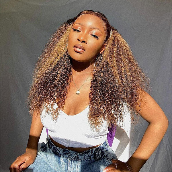 Ombre 4/27 Highlight Kinky Curly Hair V Part Human Hair Wigs No Leave Out Install - Image 3
