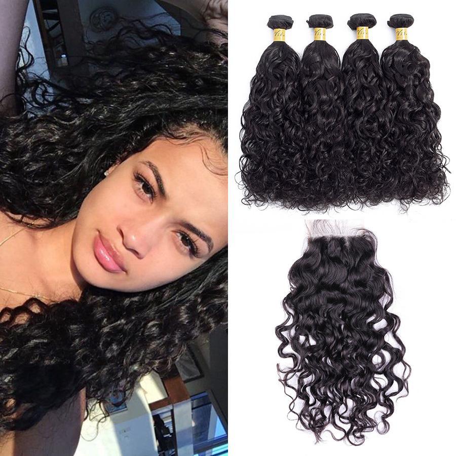 VSHOW HAIR Premium 9A Brazilian Human Virgin Hair Natural Wave 4 Bundles with Pre Plucked Closure Deal Natural Black