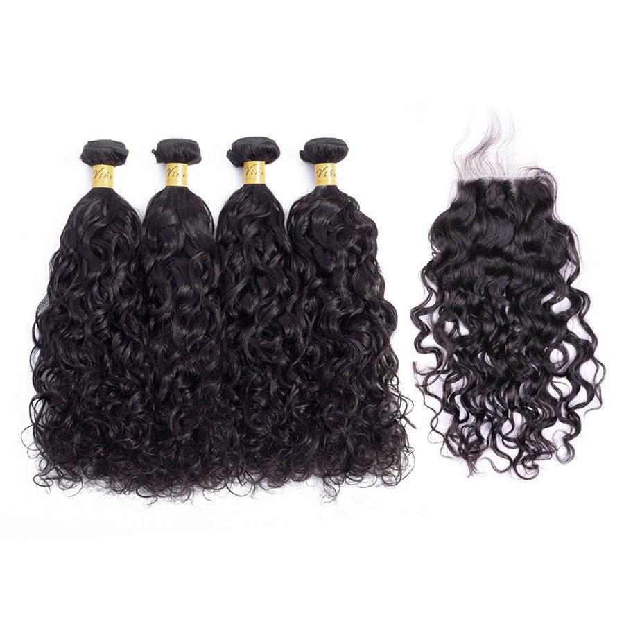 VSHOW HAIR Premium 9A Brazilian Human Virgin Hair Natural Wave 4 Bundles with Pre Plucked Closure Deal Natural Black - Image 2