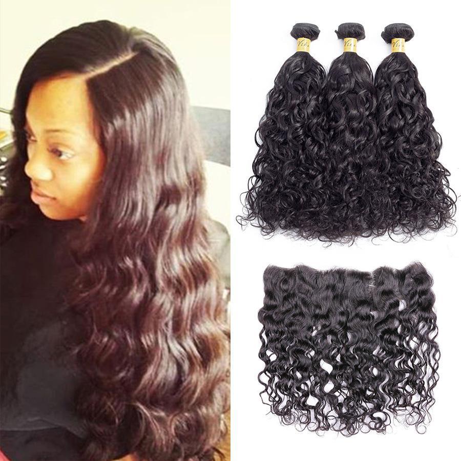 VSHOW HAIR Premium 9A Brazilian Human Virgin Hair Natural Wave 3 Bundles with Pre Plucked 13x4 Frontal Natural Black