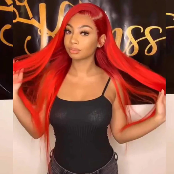VSHOW Bright Red Color Straight Hair Lace Front Human Hair Wigs Popular Color Wigs - Image 2