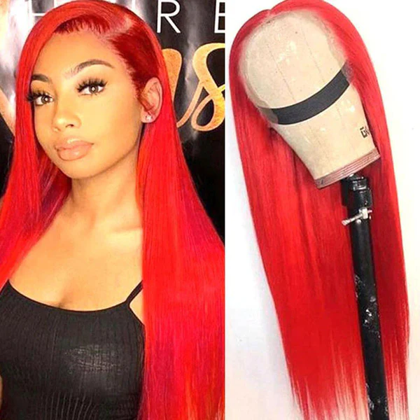 VSHOW Bright Red Color Straight Hair Lace Front Human Hair Wigs Popular Color Wigs - Image 3