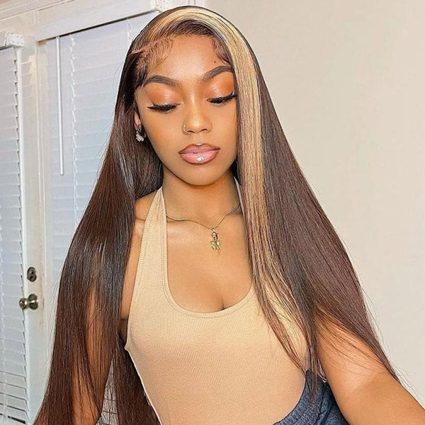 VSHOW #6 Color With #27 Color Highlight Straight Hair 13x4 Lace Front Wig Honey Blonde & Brown Streaks Highlight Wigs - Image 3