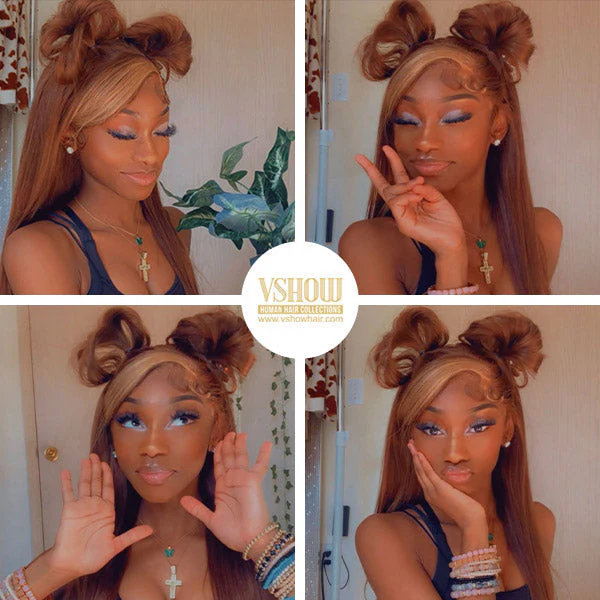 VSHOW #6 Color With #27 Color Highlight Straight Hair 13x4 Lace Front Wig Honey Blonde & Brown Streaks Highlight Wigs - Image 4