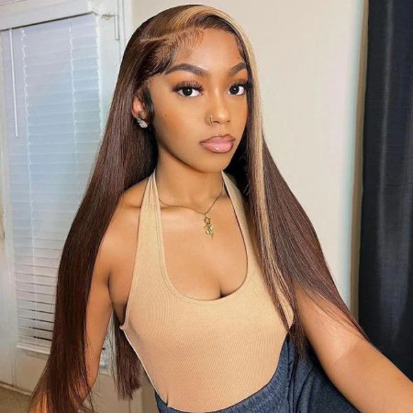 VSHOW #6 Color With #27 Color Highlight Straight Hair 13x4 Lace Front Wig Honey Blonde & Brown Streaks Highlight Wigs - Image 5