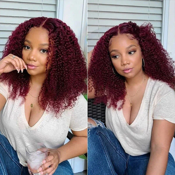 Burgundy Color Kinky Curly Wear Go Glueless Wigs Pre-Cut Lace Human Hair Wigs - Image 3