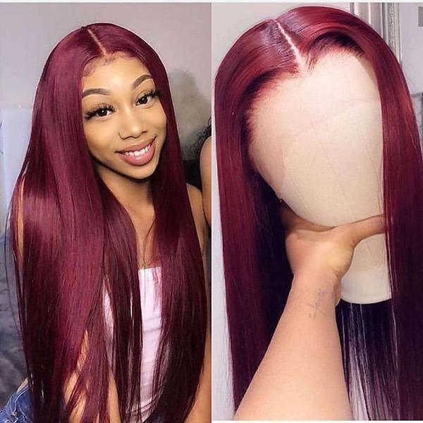 VSHOW Burgundy Hair Color Short Straight Hair Human Hair Lace Front Wigs With Pre-plucked - Image 3