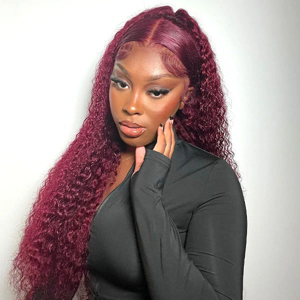 Burgundy Water Wave Human Hair Glueless Wear Go Wigs Pre-cut Lace 180% Density - Image 3