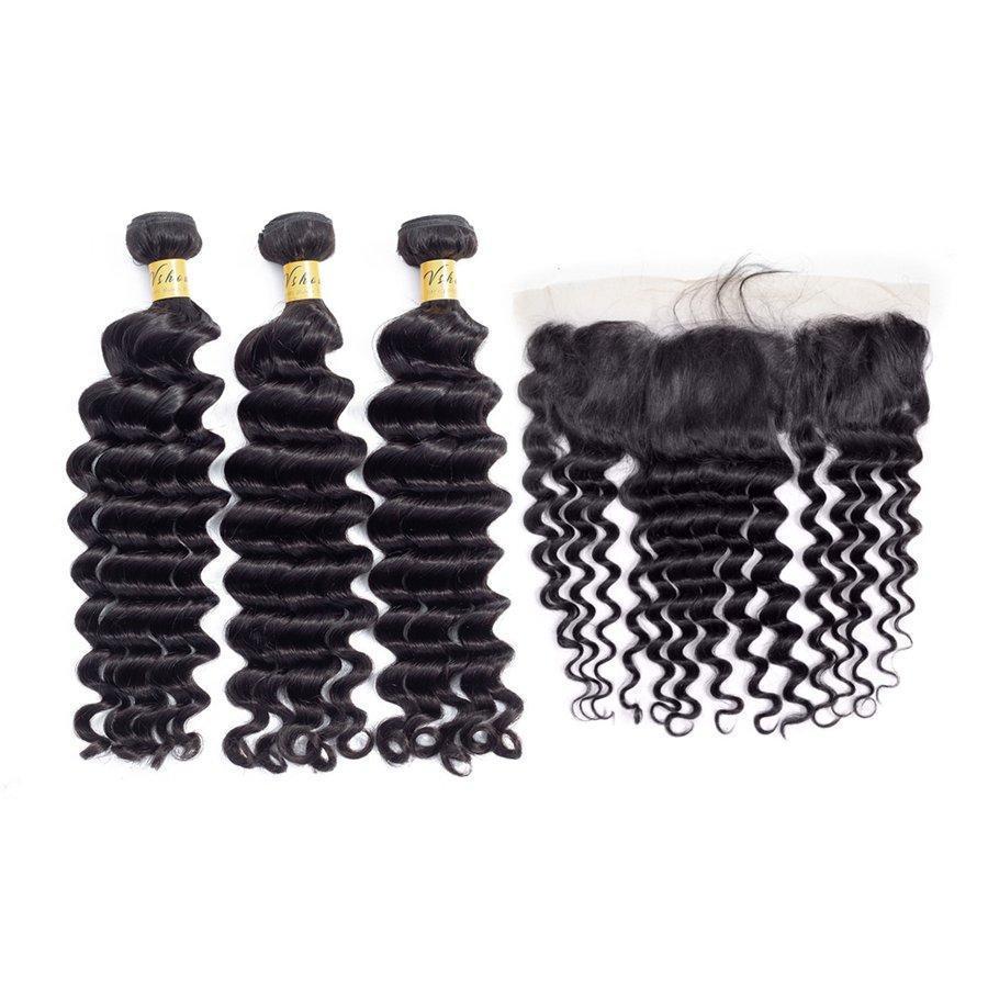 VSHOW HAIR Premium 9A Brazilian Human Virgin Hair Loose Deep Wave 3 Bundles with Pre Plucked 13x4 Frontal Natural Black - Image 3