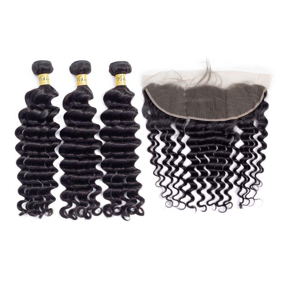 VSHOW HAIR Premium 9A Brazilian Human Virgin Hair Loose Deep Wave 3 Bundles with Pre Plucked 13x4 Frontal Natural Black - Image 4