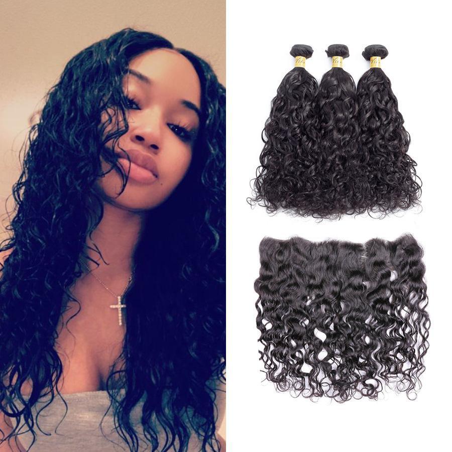VSHOW HAIR Premium 9A Mongolian Human Virgin Hair Natural Wave 3 Bundles with Pre Plucked 13x4 Frontal Natural Black