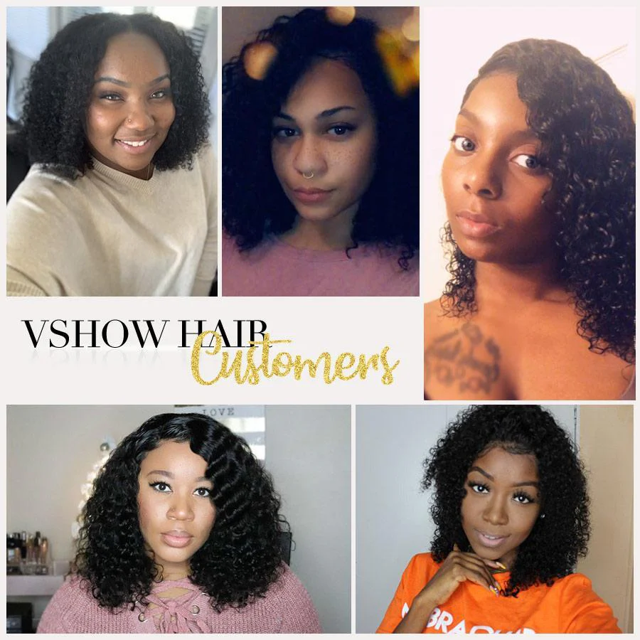 VSHOW HAIR Premium 9A Bob Kinky Curly Human Hair Lace Front Wigs Natural Black - Image 3