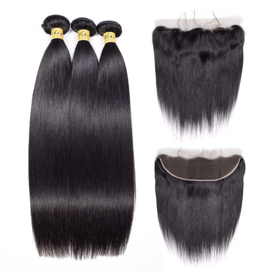 VSHOW HAIR Premium 9A Mongolian Human Virgin Hair Straight 3 Bundles with Pre Plucked 13x4 Frontal Natural Black - Image 2