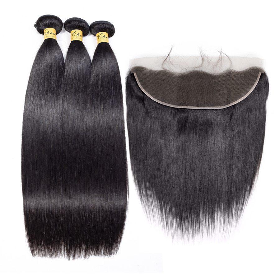VSHOW HAIR Premium 9A Mongolian Human Virgin Hair Straight 3 Bundles with Pre Plucked 13x4 Frontal Natural Black - Image 6