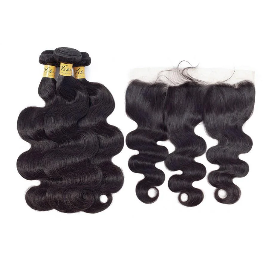 VSHOW HAIR Premium 9A Mongolian Human Virgin Hair Body Wave 3 Bundles with Pre Plucked 13x4 Frontal Natural Black - Image 2