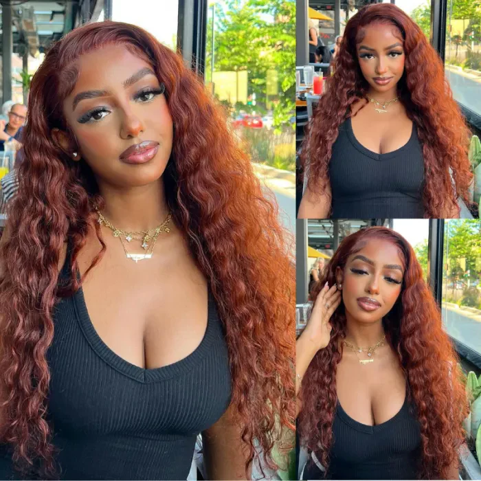 VSHOW Dark Auburn Hair Color Wigs Water Wave Curly Hair Transparent lace Human Hair Wigs 180 Density - Image 3