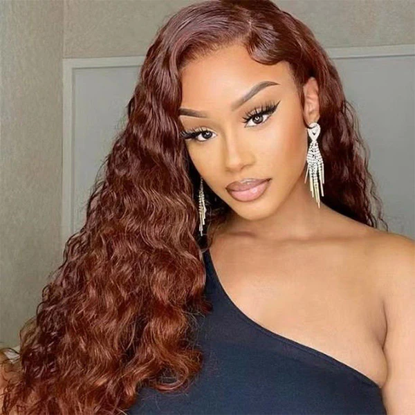 VSHOW Dark Auburn Hair Color Wigs Water Wave Curly Hair Transparent lace Human Hair Wigs 180 Density - Image 4