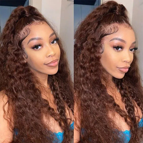 VSHOW Dark Auburn Hair Color Wigs Water Wave Curly Hair Transparent lace Human Hair Wigs 180 Density - Image 6