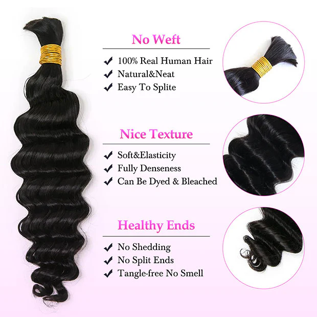 Seamless Deep Wave Crochet Hair Bulk No Weft Virgin Human Hair Extension Natural Black - Image 5