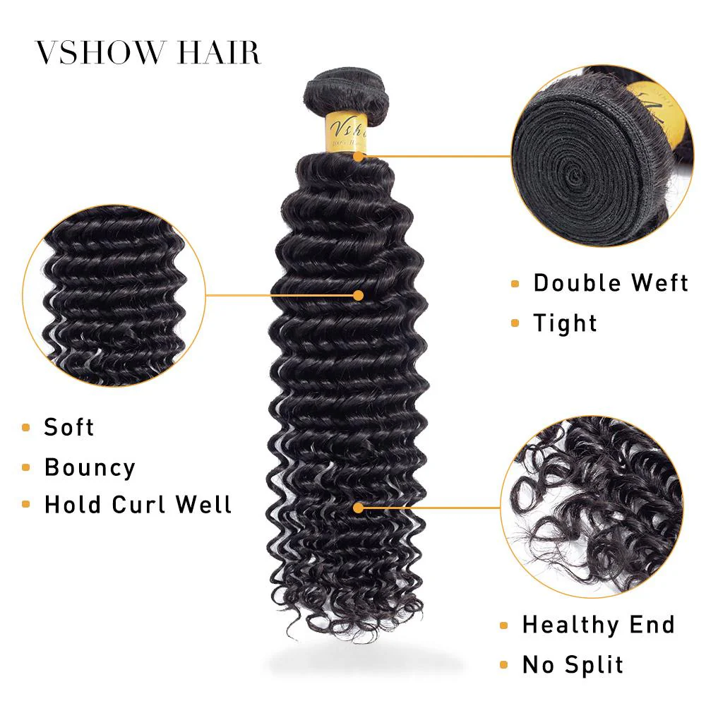 VSHOW HAIR Premium 9A Indian Human Virgin Hair Deep Wave Natural Black 3 Bundles Deal - Image 4