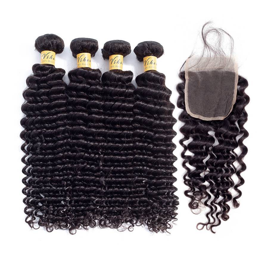 VSHOW HAIR Premium 9A Malaysian Human Virgin Hair Deep Wave 4 Bundles with Pre Plucked Closure Deal Natural Black - Image 2