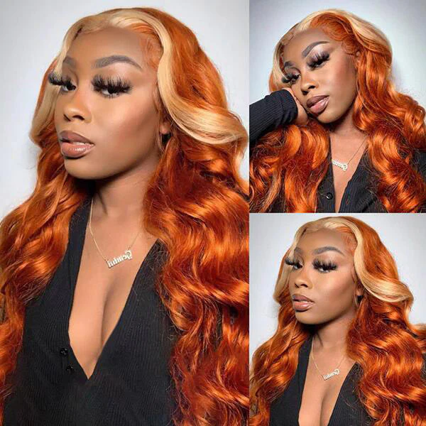 VSHOW Ginger Wigs With Blonde Skunk Stripe Hair Body Wave Hair Transparent Lace Frontal Wigs - Image 3