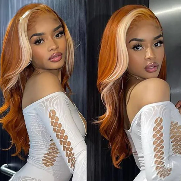 VSHOW Ginger Wigs With Blonde Skunk Stripe Hair Body Wave Hair Transparent Lace Frontal Wigs - Image 4