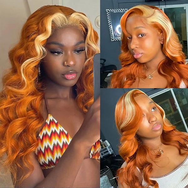 VSHOW Ginger Wigs With Blonde Skunk Stripe Hair Body Wave Hair Transparent Lace Frontal Wigs - Image 5