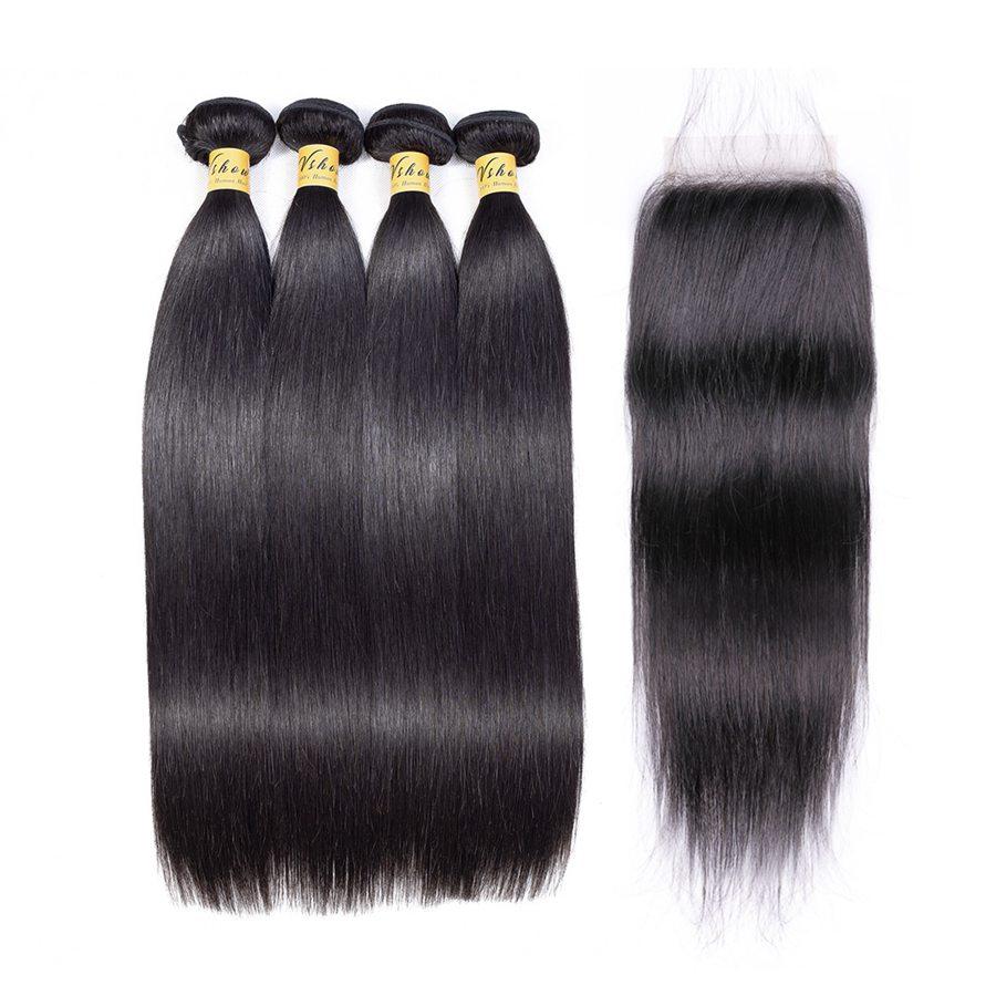 VSHOW HAIR Premium 9A Indian Human Virgin Hair Straight 4 Bundles with Pre Plucked Closure Deal Natural Black