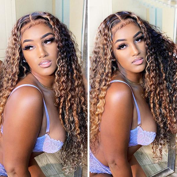 VSHOW HAIR Water Wave Hair Wig Brown Hair with Blonde Highlights Lace Front Wigs Color - Image 3